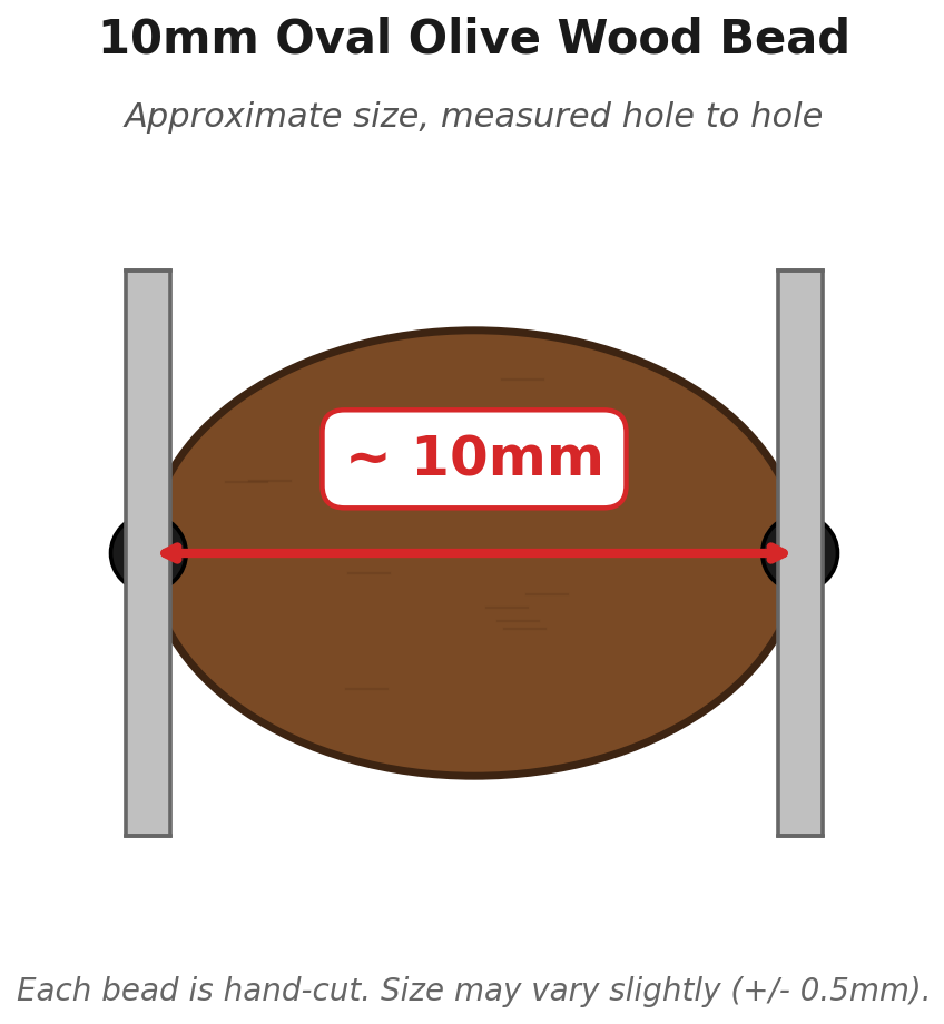 10mm oval olive wood bead measurement diagram - approximate size measured hole to hole
