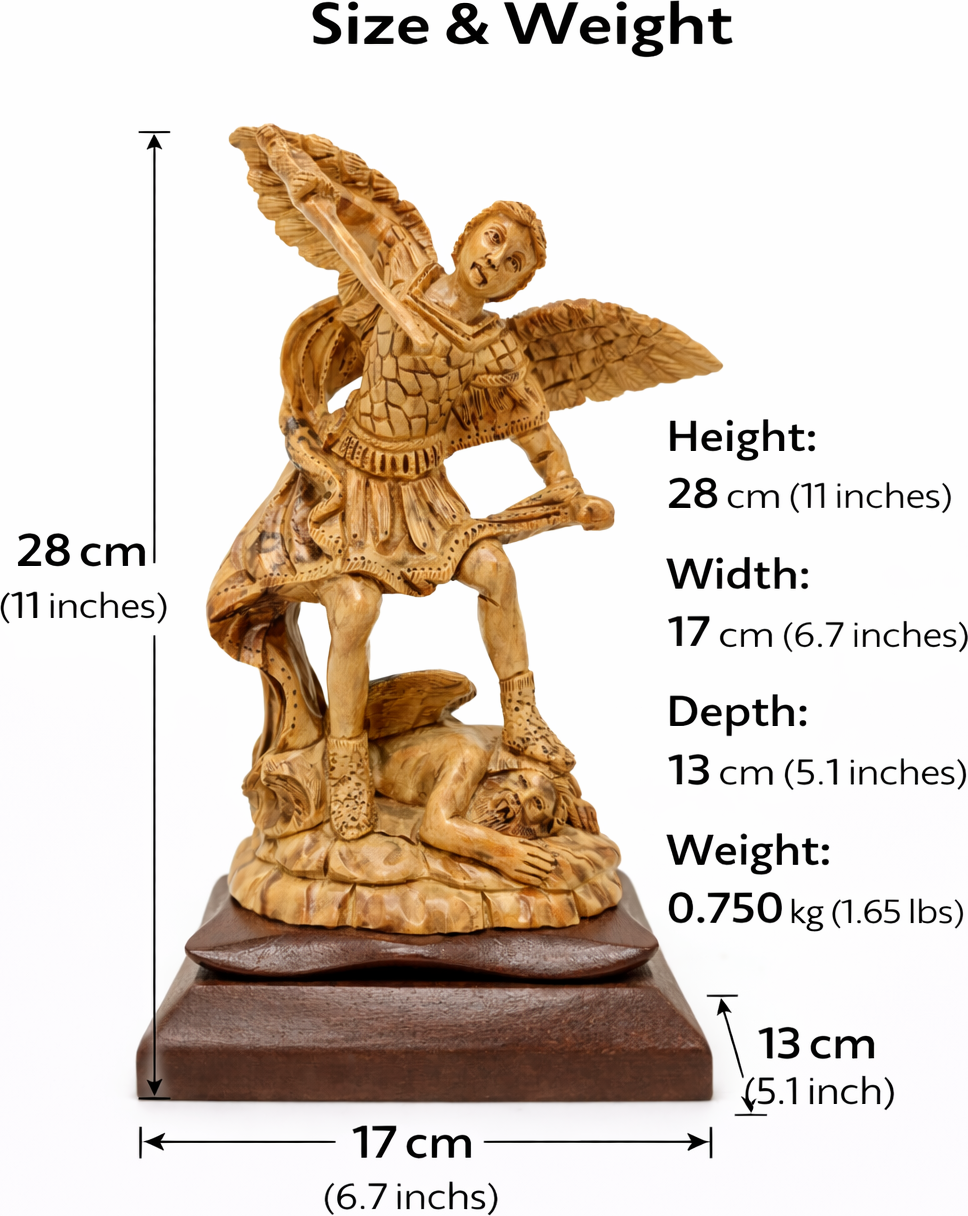 Hand Carved Olive Wood St. Michael the Archangel Statue 11” | Handmade Bethlehem Holy Land Christian Sculpture