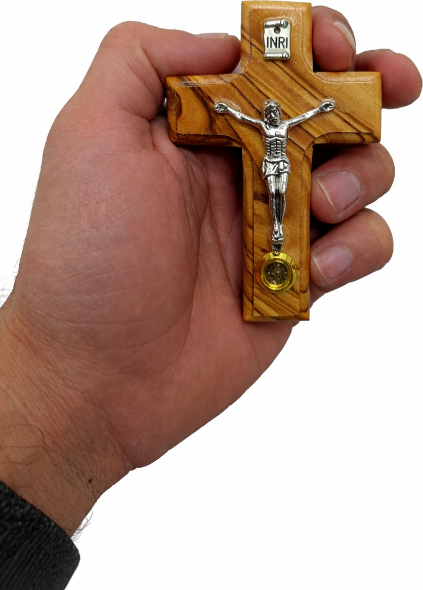 Olive Wood Wall Crucifix with INRI and Holy Land Relic from Bethlehem 3.6 Inches