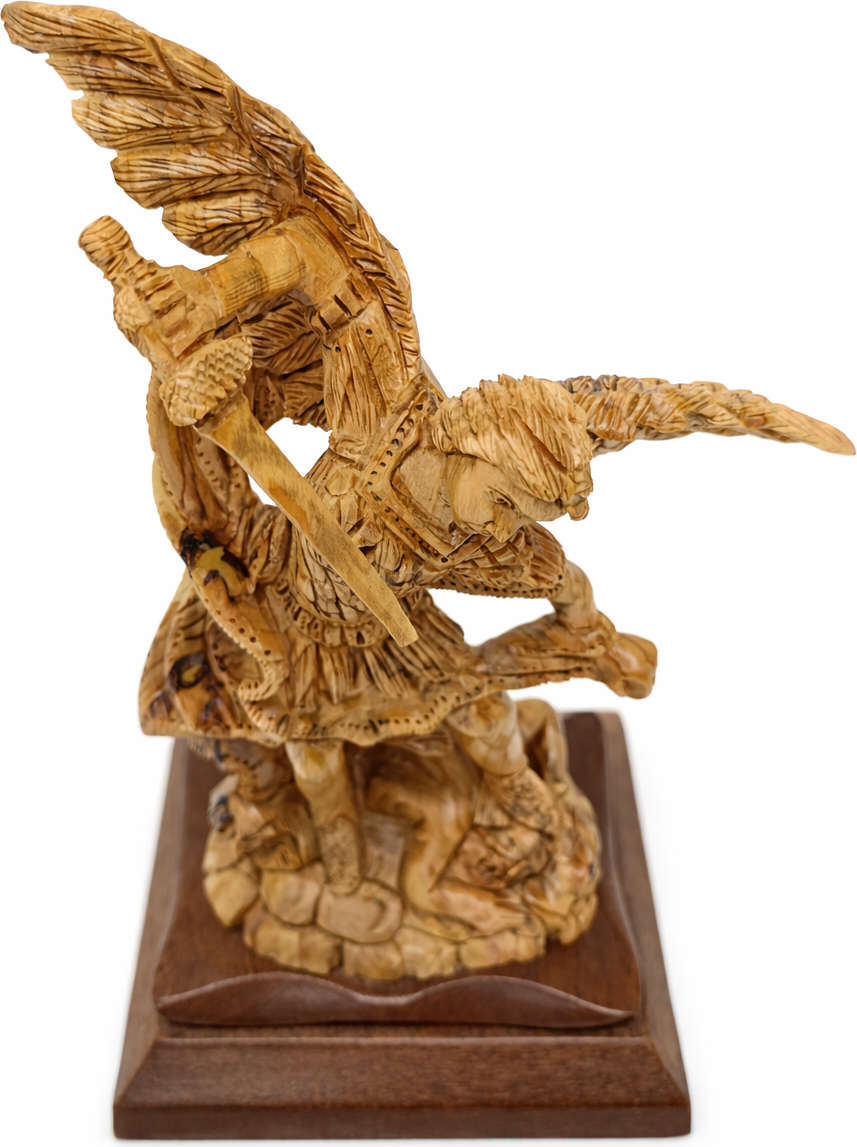 Hand Carved Olive Wood St. Michael the Archangel Statue 11” | Handmade Bethlehem Holy Land Christian Sculpture