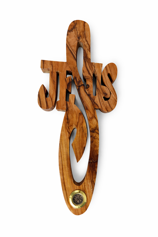 Handmade Olive Wood Jesus Cross from Bethlehem with Bethlehem Soil – Christian Wall Cross – 7" (18 cm)
