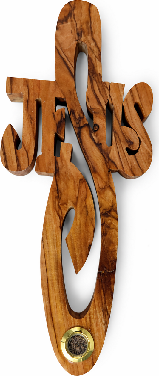 Handmade Olive Wood Jesus Cross from Bethlehem with Bethlehem Soil – Christian Wall Cross – 7" (18 cm)