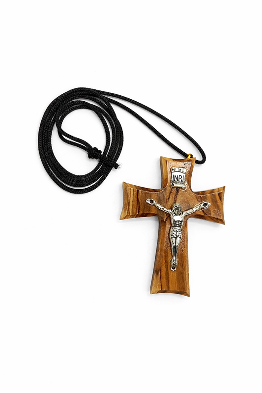 Handmade Olive Wood Cross Necklace from Bethlehem – Christian Crucifix Pendant with INRI – Holy Land Jewelry Gift
