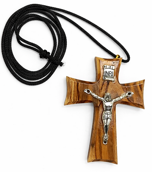 Handmade Olive Wood Cross Necklace from Bethlehem – Christian Crucifix Pendant with INRI – Holy Land Jewelry Gift