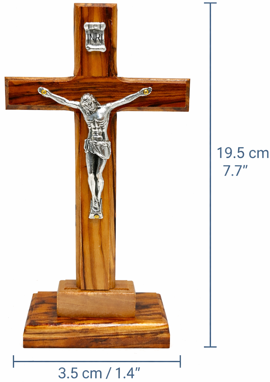 Handmade Olive Wood Crucifix from Bethlehem – Christian Cross with Metal Corpus & INRI – Holy Land Gift (4 Sizes)