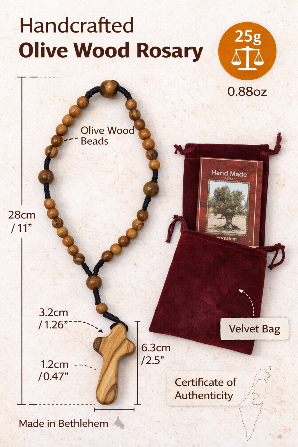 Olive Wood Rosary Handmade in Bethlehem – 11” Catholic Wooden Rosary with 33 Beads – Available as 1 Piece or Set of 3 – Includes Velvet Bag & Certificate – Holy Land Gift