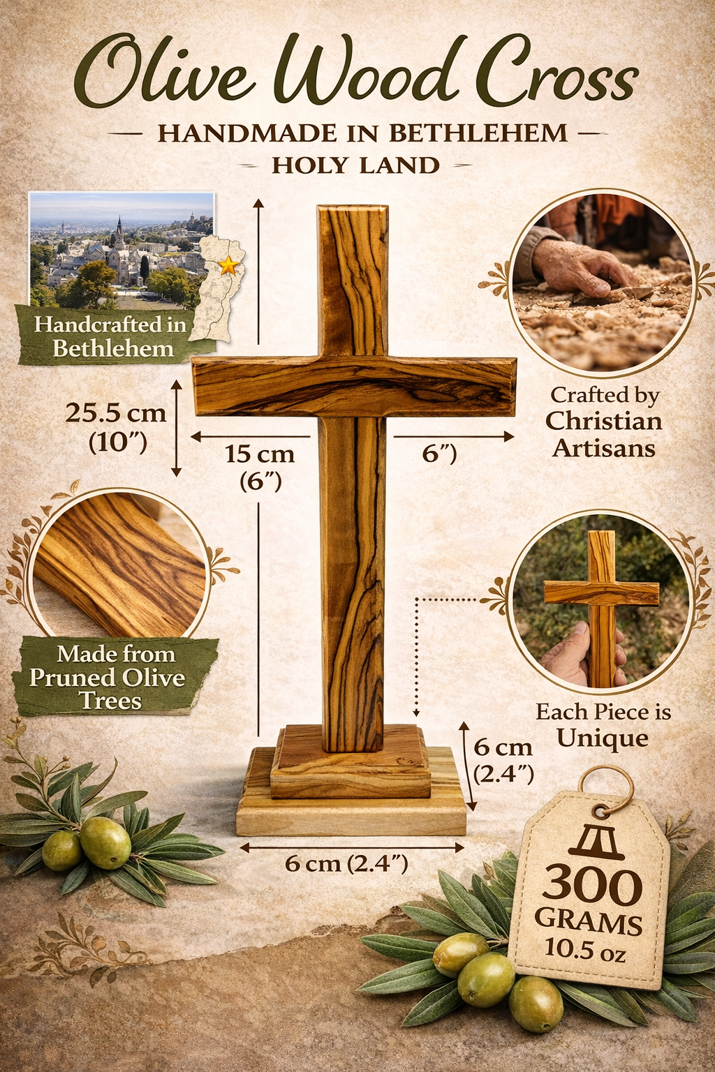 Handmade Olive Wood Cross from Bethlehem – Christian Cross Decor, Holy Land Gift – 6.1" 7.5" 9.25" 11.2" Sizes