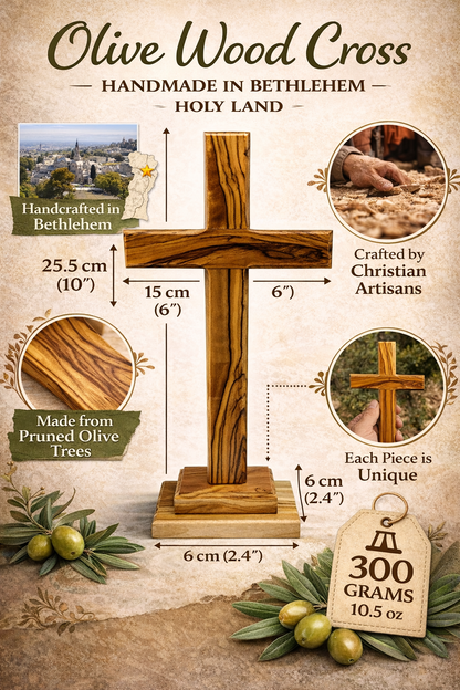 Handmade Olive Wood Cross from Bethlehem – Christian Cross Decor, Holy Land Gift – 6.1" 7.5" 9.25" 11.2" Sizes