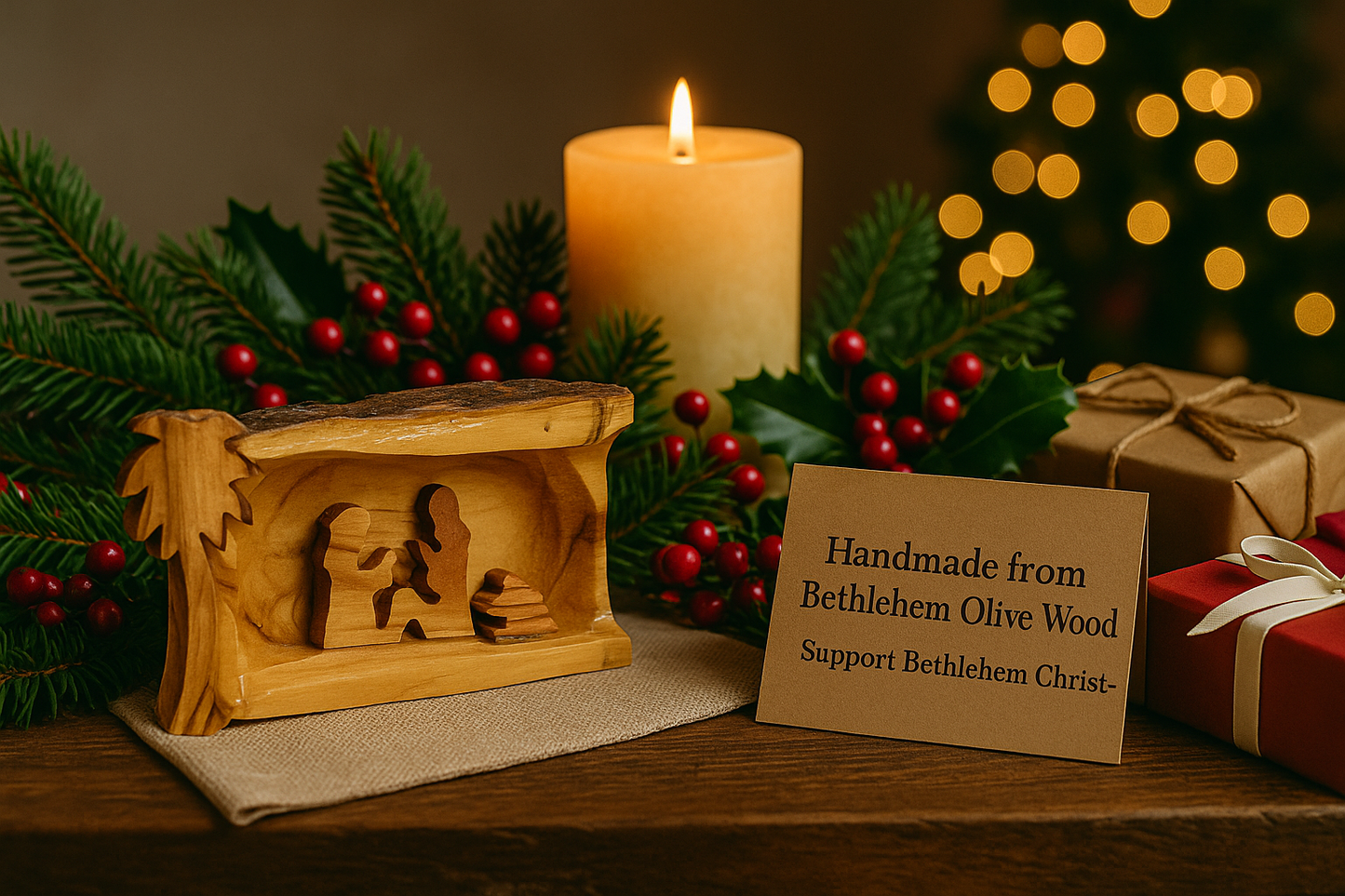 Hand Carved Olive Wood Nativity Scene from Bethlehem - Rustic Holy Family in Natural Bark Grotto