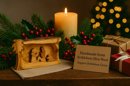 Hand Carved Olive Wood Nativity Scene from Bethlehem - Rustic Holy Family in Natural Bark Grotto