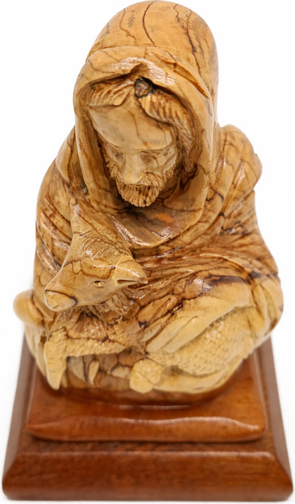 Hand Carved Olive Wood Good Shepherd Statue 8.3” | Handmade Bethlehem Holy Land Christian Sculpture — 8 Inch