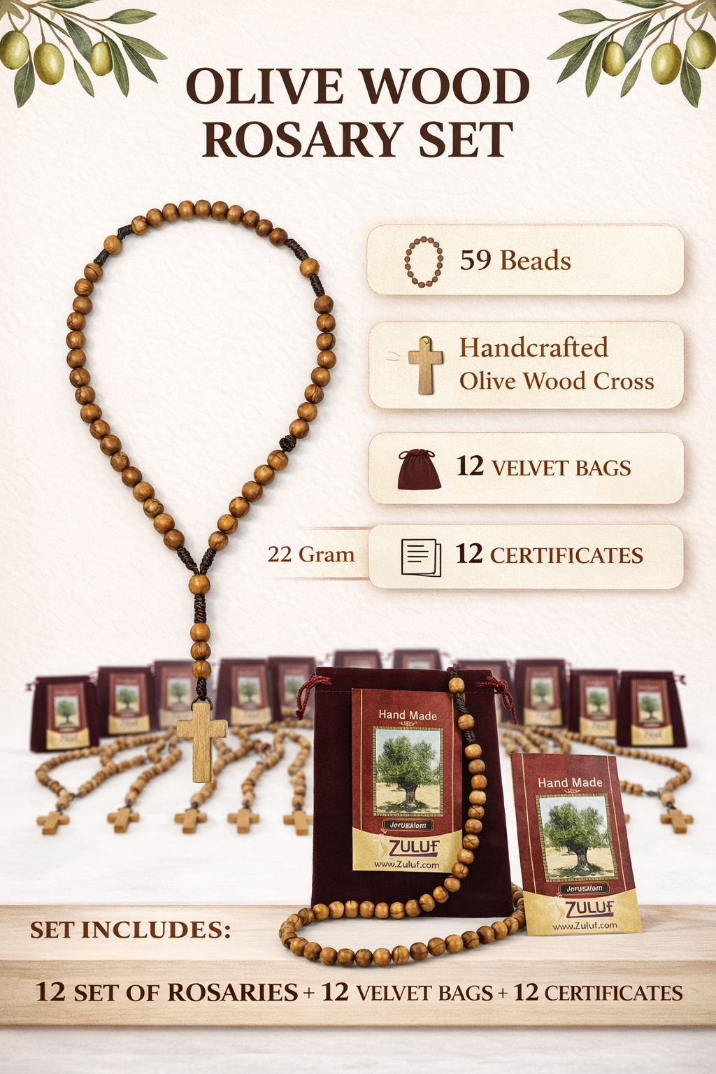 Set of 12 Olive Wood Rosaries Handmade in Bethlehem – 15.3” Catholic Wooden Rosary with Cross – Includes 12 Velvet Bags & 12 Certificates – Holy Land Bulk Gift Set