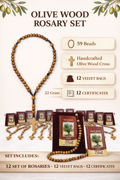 Set of 12 Olive Wood Rosaries Handmade in Bethlehem – 15.3” Catholic Wooden Rosary with Cross – Includes 12 Velvet Bags & 12 Certificates – Holy Land Bulk Gift Set