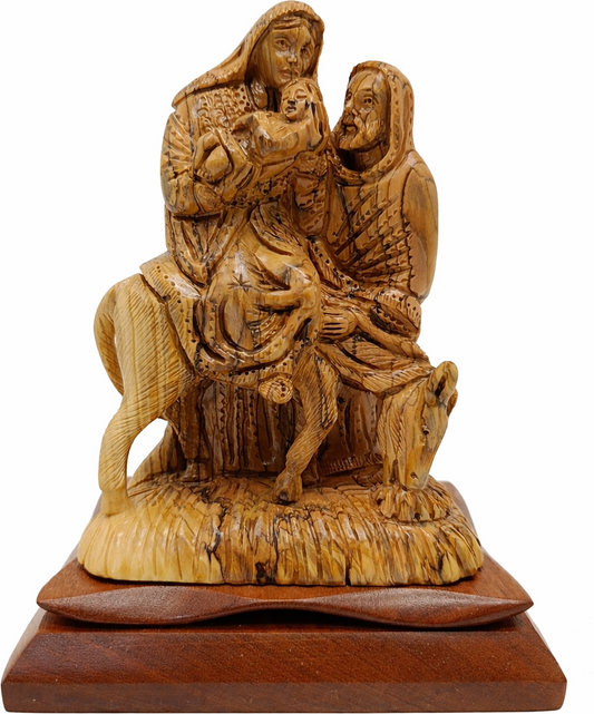 Hand Carved Olive Wood Holy Family Flight to Egypt Statue 9.4” | Handmade Bethlehem Holy Land Sculpture