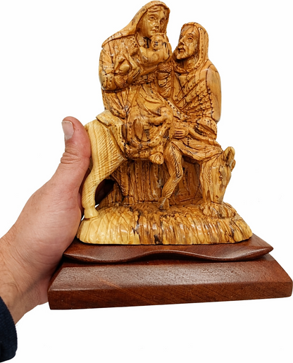 Hand Carved Olive Wood Holy Family Flight to Egypt Statue 9.4” | Handmade Bethlehem Holy Land Sculpture