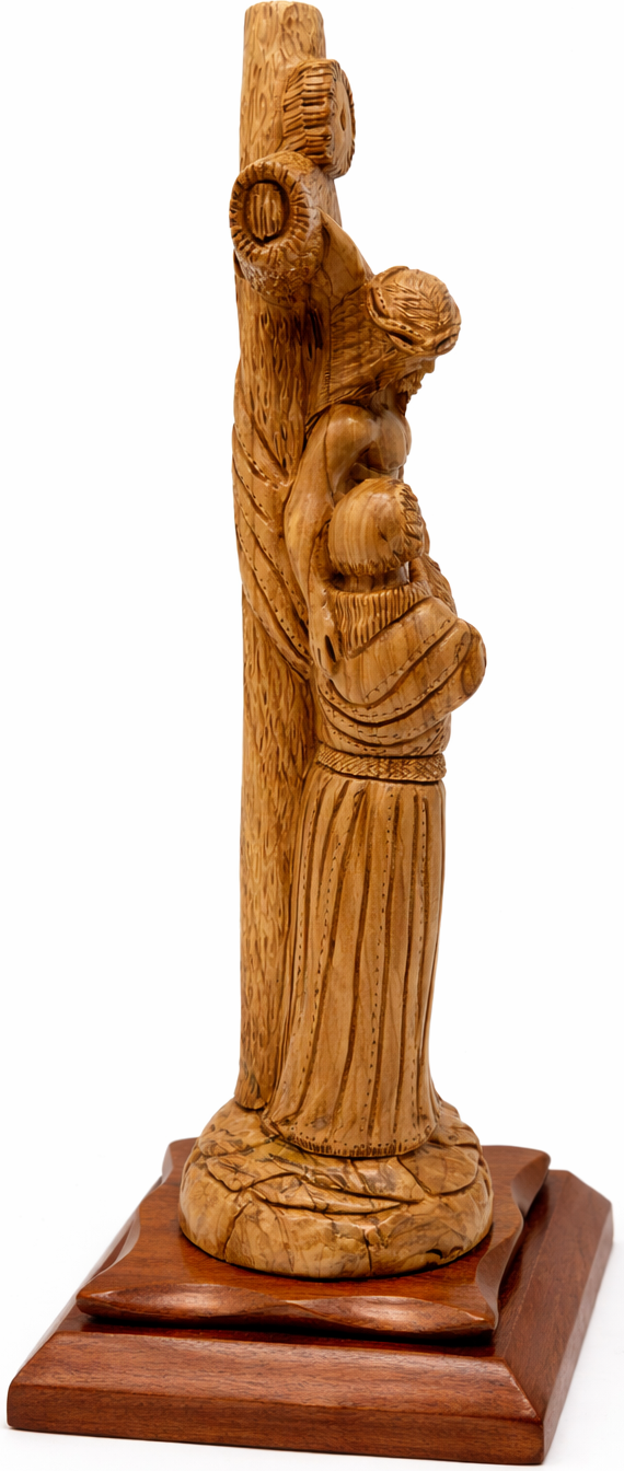 Hand-Carved Olive Wood Crucifix with Saint Figure from Bethlehem – Jesus on the Cross – Large Holy Land Christian Sculpture — 18.3 Inch