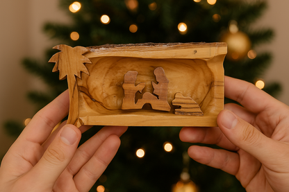Hand Carved Olive Wood Nativity Scene from Bethlehem - Rustic Holy Family in Natural Bark Grotto