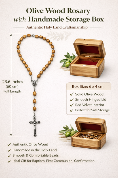 Olive Wood Rosary with Handmade Olive Wood Storage Box, Catholic Prayer Beads with Crucifix & Center Medal, Red Velvet Lined Box, Holy Land Style Gift for Baptism, First Communion & Confirmation, 60 cm