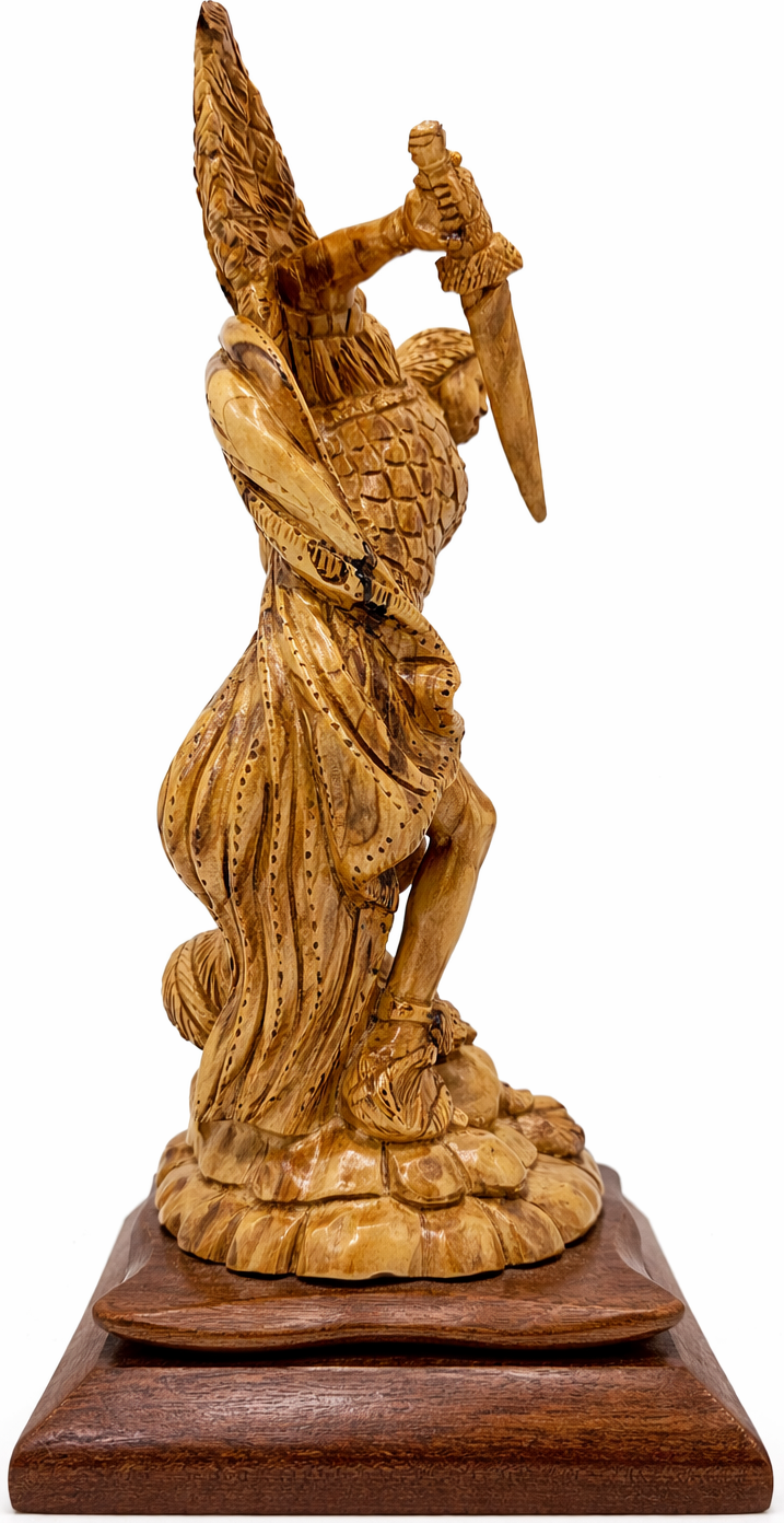 Hand Carved Olive Wood St. Michael the Archangel Statue 11” | Handmade Bethlehem Holy Land Christian Sculpture