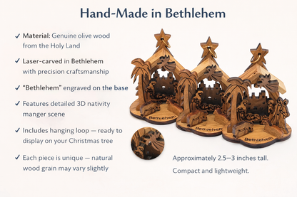 Laser-Carved Olive Wood Nativity Ornament from Bethlehem, 3D Manger Scene with Engraved Base