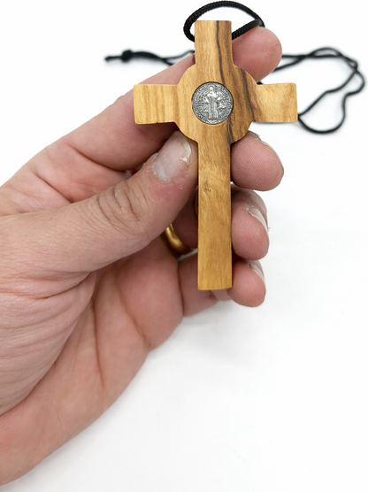 Handmade Olive Wood Saint Benedict Crucifix from Bethlehem – Catholic Cross with Cord, Velvet Bag and Certificate, 7.5 x 4.8 x 1.6 cm, 20g 3.0 Inches