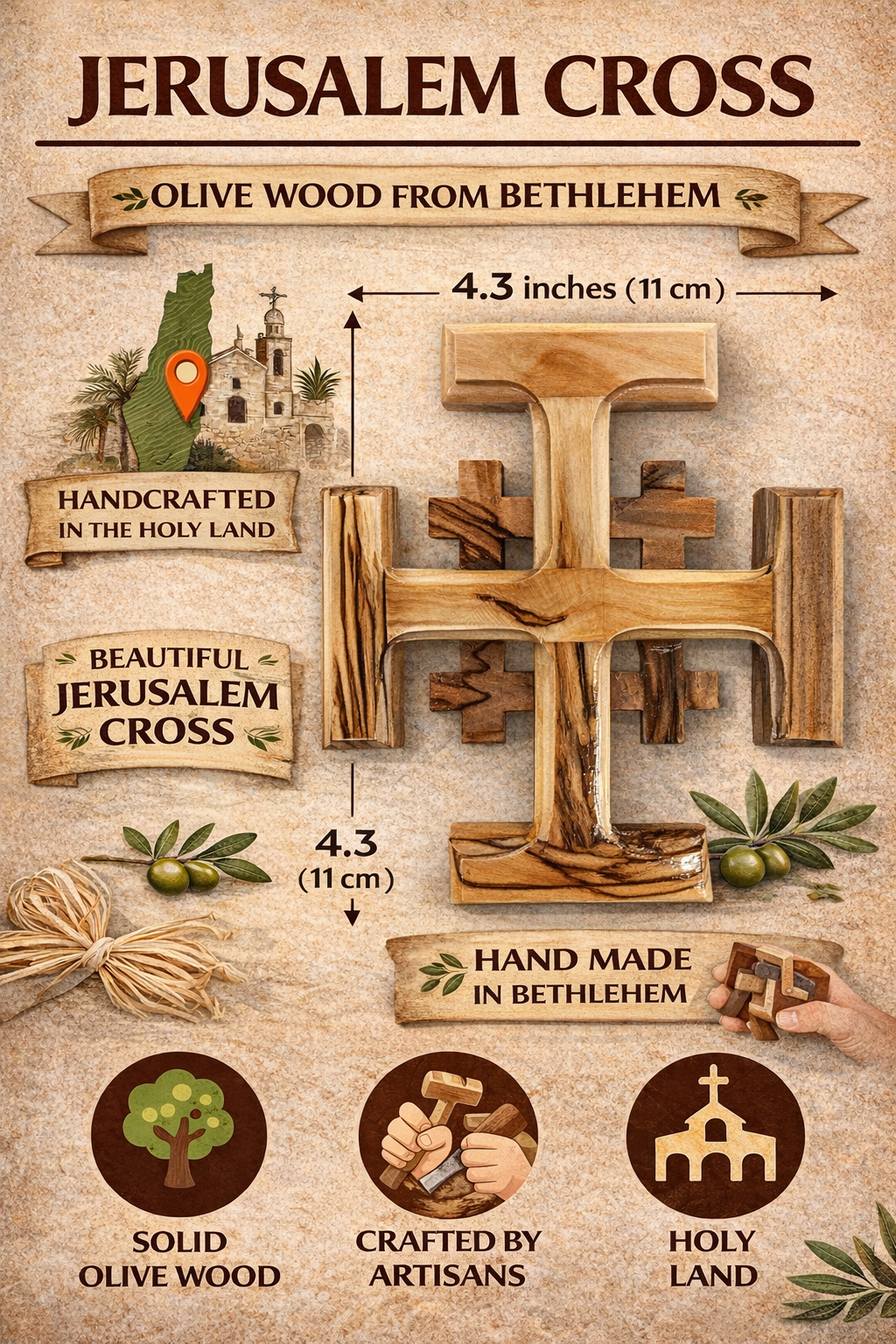 Olive Wood Crusader Jerusalem Cross from Bethlehem