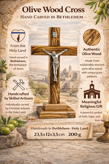 Handmade Olive Wood Crucifix from Bethlehem – Christian Cross with Metal Corpus & INRI – Holy Land Gift (4 Sizes)