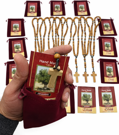 Set of 12 Olive Wood Rosaries Handmade in Bethlehem – 15.3” Catholic Wooden Rosary with Cross – Includes 12 Velvet Bags & 12 Certificates – Holy Land Bulk Gift Set