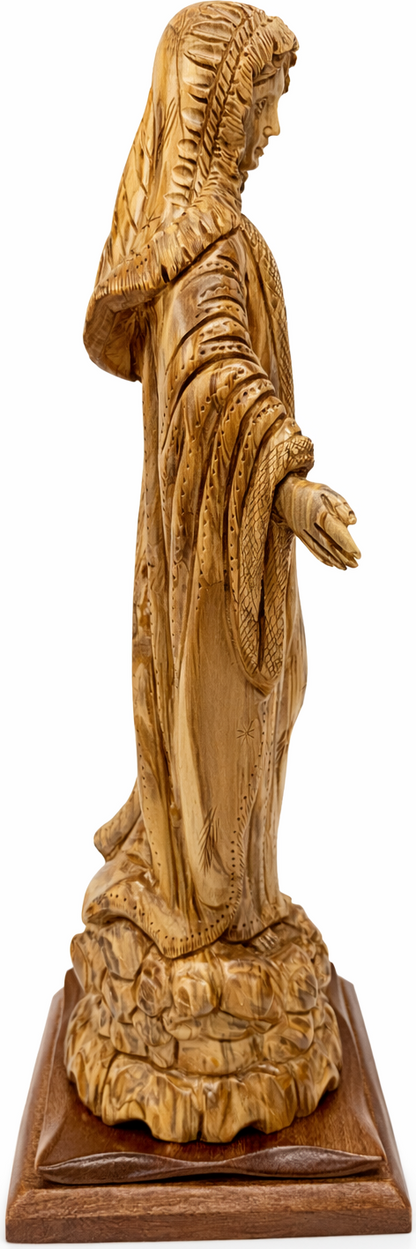 Hand-Carved Olive Wood Virgin Mary Statue from Bethlehem – Large Handmade Holy Land Sculpture 18.5" – Authentic Christian Art