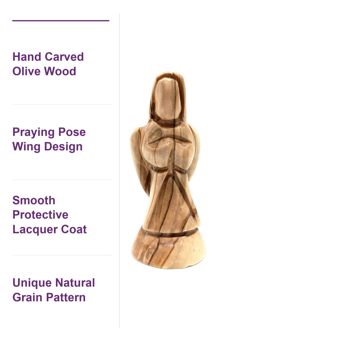 Close-up of the Mini Praying Angel's hand-shaped wings and praying pose, carved from authentic Bethlehem olive wood.