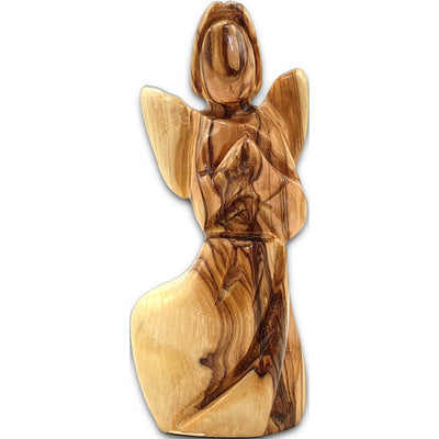 Hand-carved olive wood angel from Bethlehem, showcasing natural grain patterns and smooth lacquer finish.