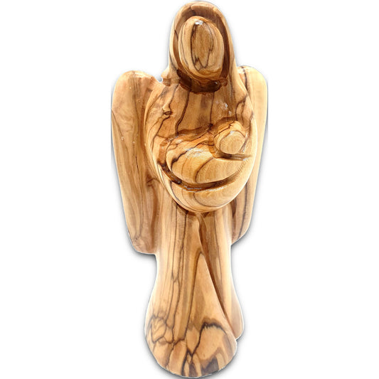 Hand carved olive wood angel holding a baby, crafted in Bethlehem, Holy Land — a timeless religious keepsake.