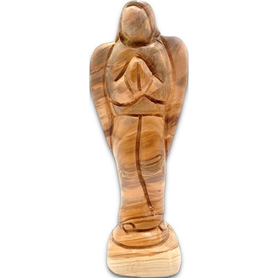 Hand-carved olive wood angel figurine from Bethlehem, Holy Land — a timeless spiritual keepsake with natural wood grain.