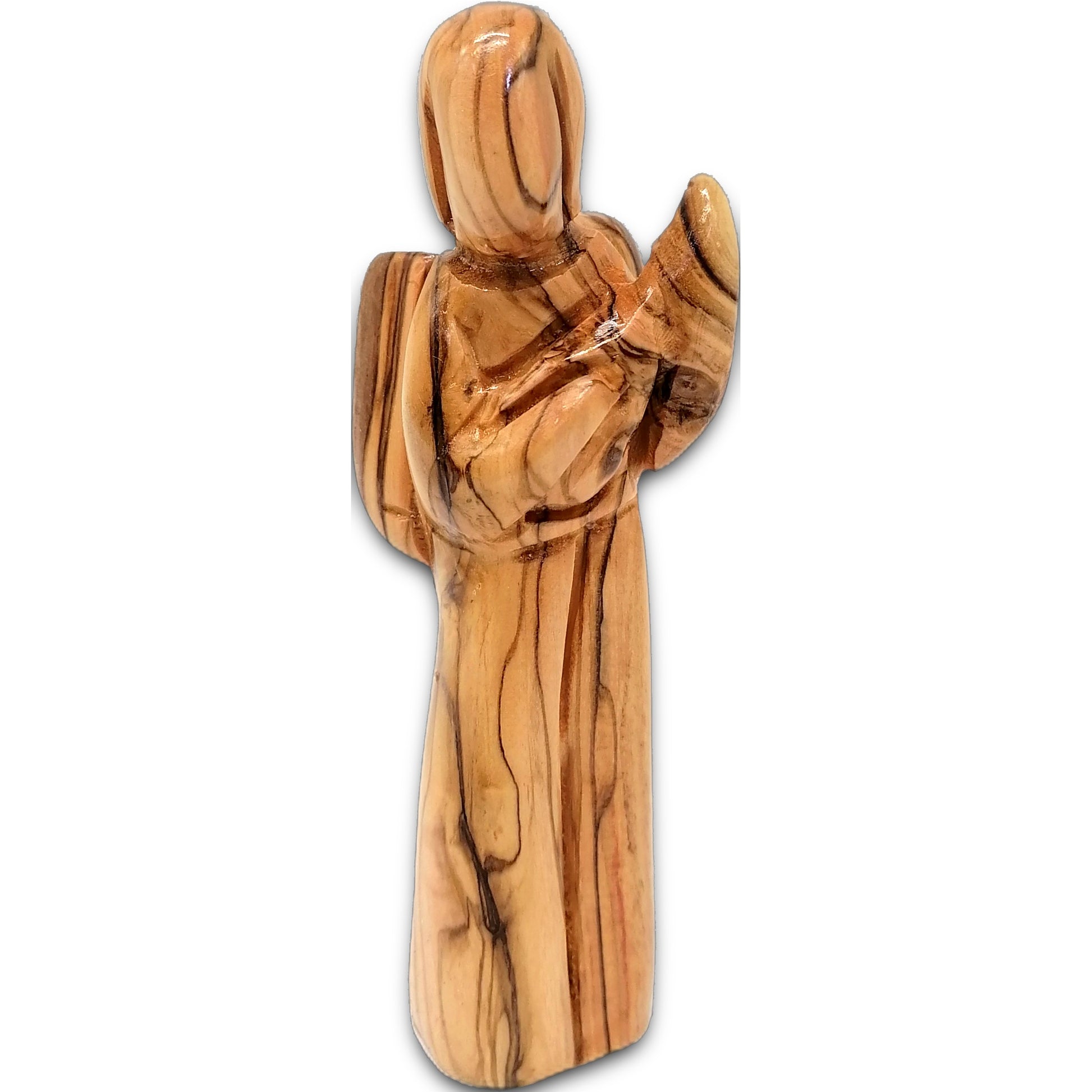 Hand-carved Bethlehem olive wood angel holding a guitar, crafted in the Holy Land with warm natural wood tones.