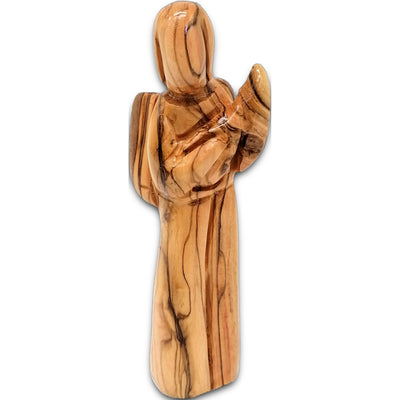 Hand-carved Bethlehem olive wood angel holding a guitar, crafted in the Holy Land with warm natural wood tones.