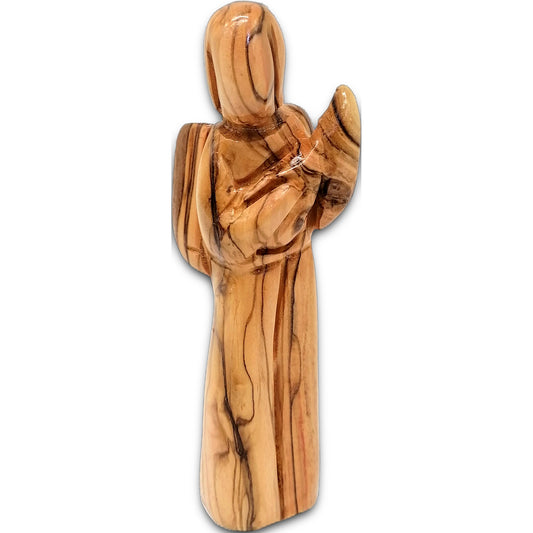 Hand-carved Bethlehem olive wood angel holding a guitar, crafted in the Holy Land with warm natural wood tones.