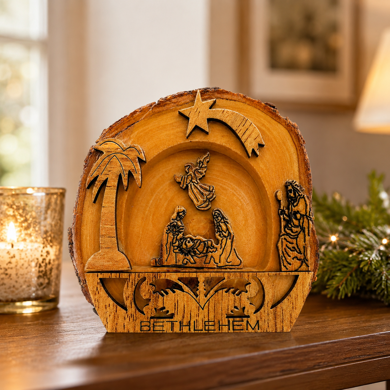 Bethlehem Nativity lifestyle display photo, hand carved olive wood from Bethlehem (3)