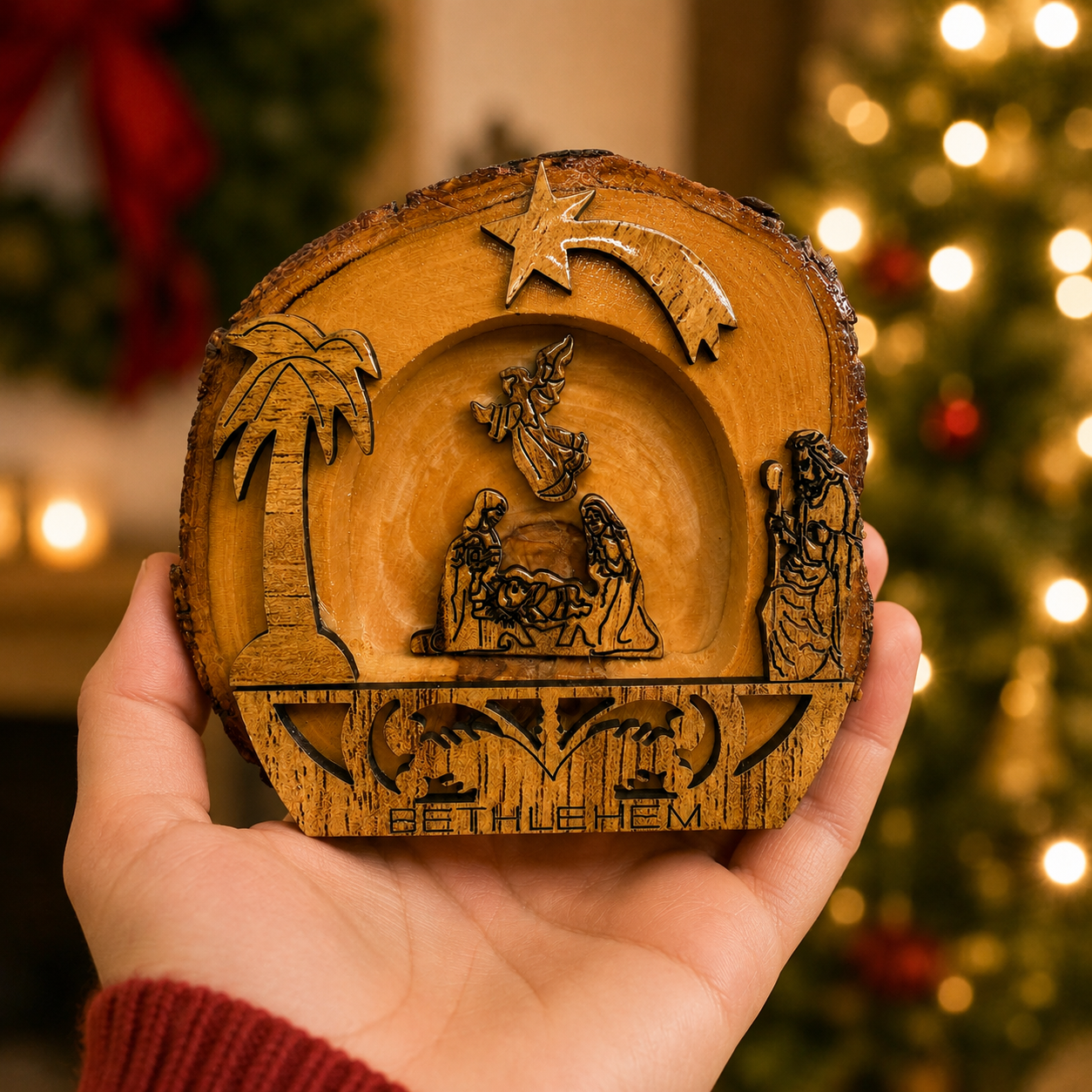 Bethlehem Nativity lifestyle display photo, hand carved olive wood from Bethlehem (4)