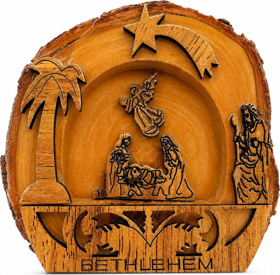 Genuine Bethlehem Nativity, Hand Carved Olive Wood Bark Slice with BETHLEHEM Engraving, hand carved olive wood from Bethlehem