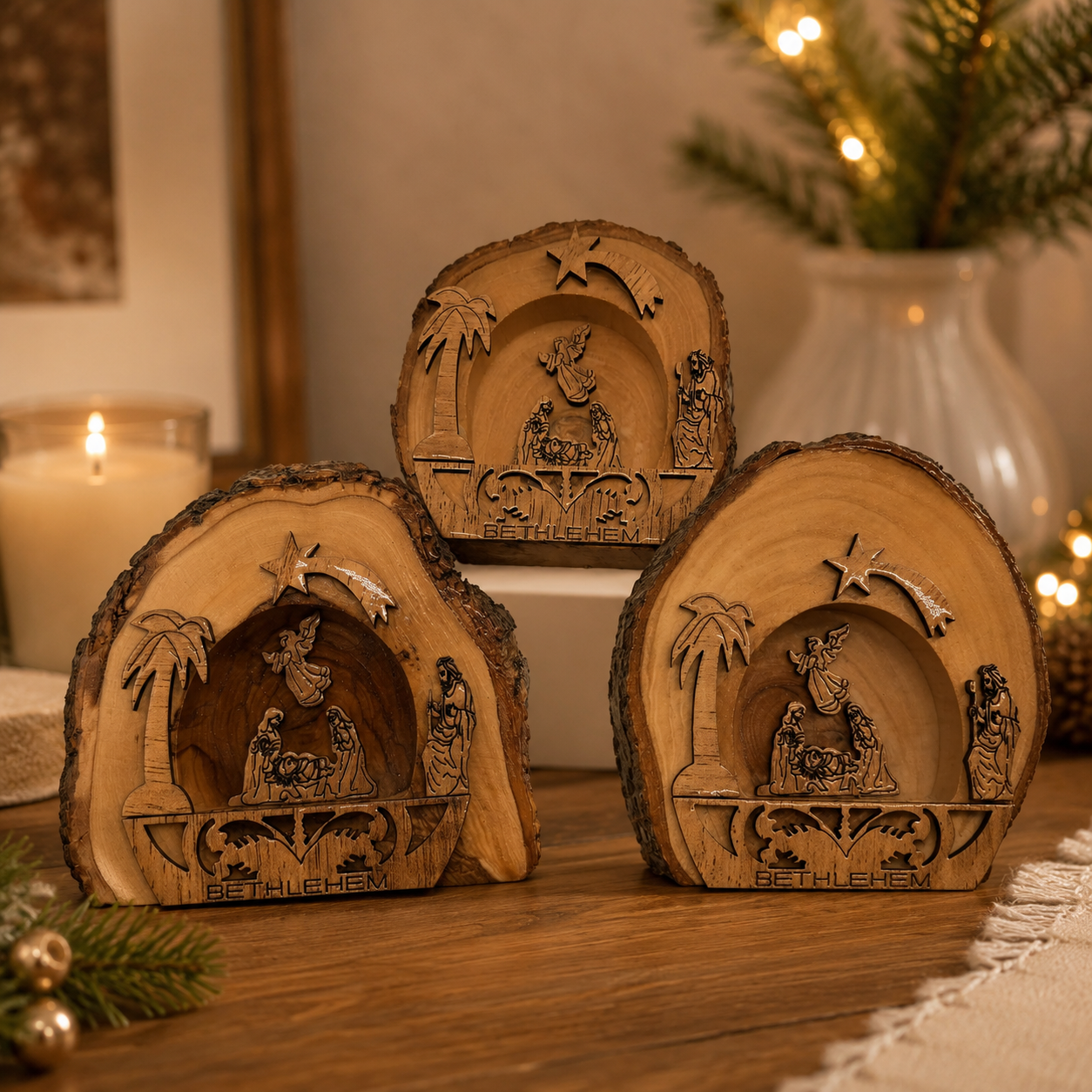 Bethlehem Nativity Set lifestyle display photo, hand carved olive wood from Bethlehem (1)