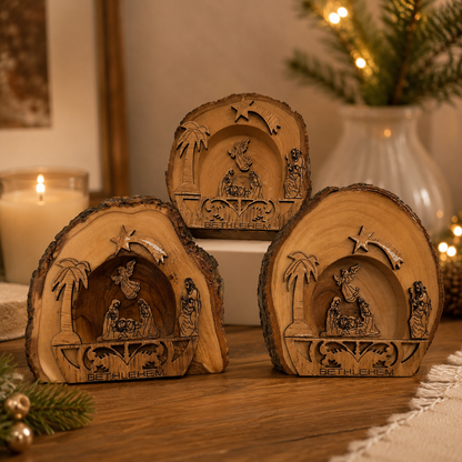Bethlehem Nativity Set lifestyle display photo, hand carved olive wood from Bethlehem (1)