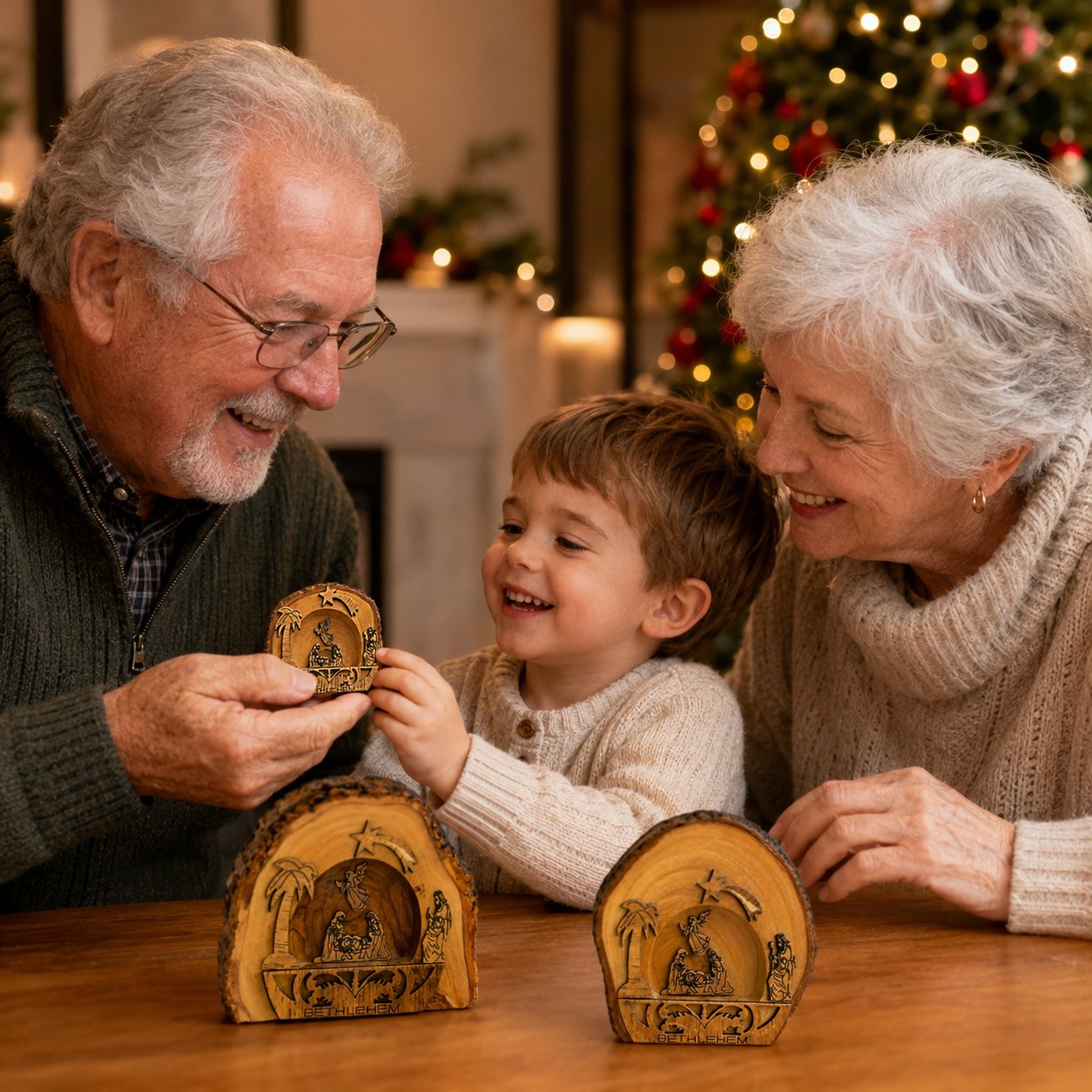Bethlehem Nativity Set lifestyle display photo, hand carved olive wood from Bethlehem (2)
