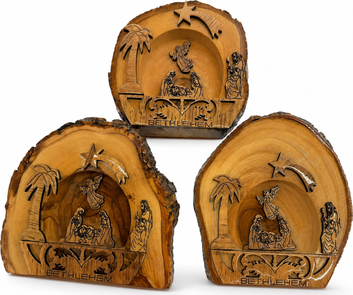 Handmade Bethlehem Nativity Set, 3-Piece Rustic Olive Wood Bark Slices with Engraving from Bethlehem, hand carved olive wood from Bethlehem