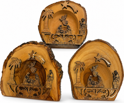 Handmade Bethlehem Nativity Set, 3-Piece Rustic Olive Wood Bark Slices with Engraving from Bethlehem, hand carved olive wood from Bethlehem