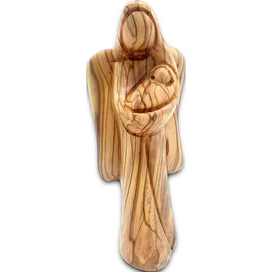 Handcrafted Bethlehem olive wood angel cradling a baby, a timeless Holy Land keepsake with natural wood grain.