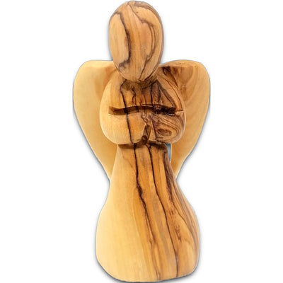 Hand-carved olive wood angel figure from Bethlehem, standing 3.5 inches tall with a warm natural wood grain finish.