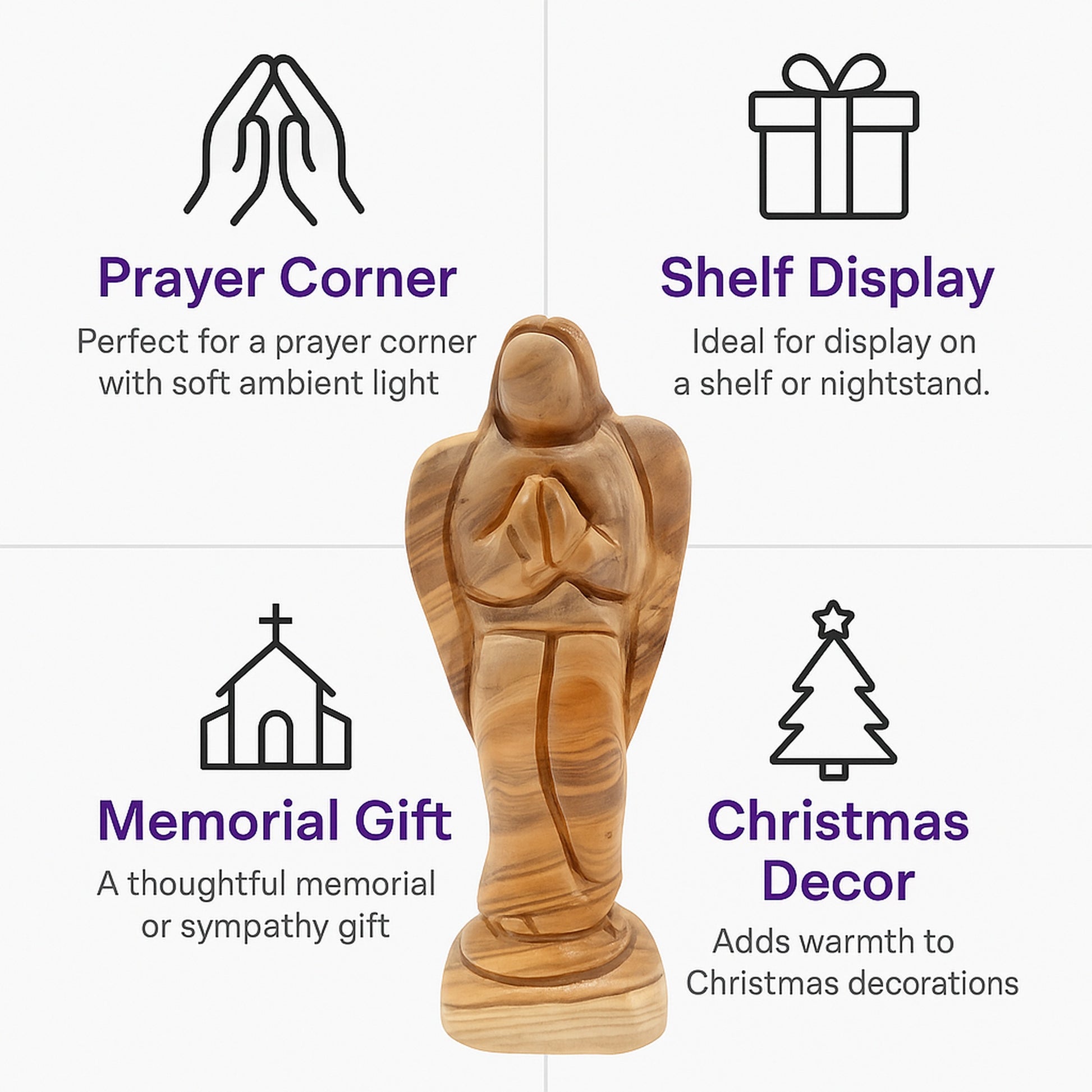 Olive wood angel figurine from Bethlehem displayed as home decor and a meaningful religious gift for Christmas or baptism.