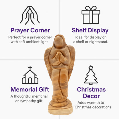 Olive wood angel figurine from Bethlehem displayed as home decor and a meaningful religious gift for Christmas or baptism.