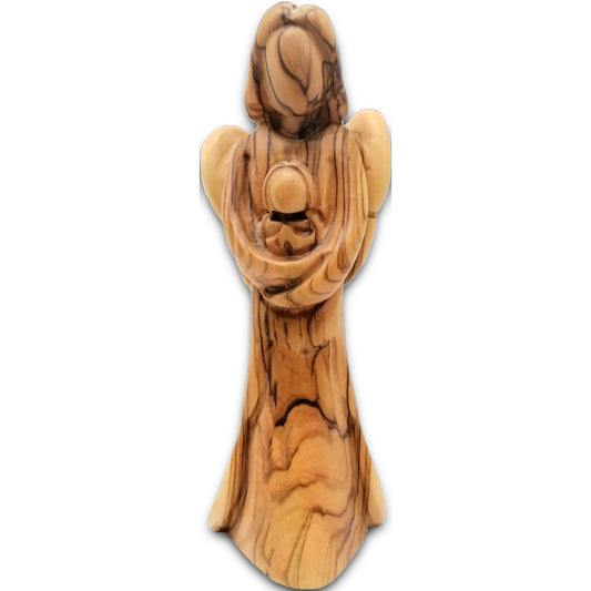 Hand-carved olive wood angel figurine from Bethlehem, showcasing natural wood grain and lacquer finish.