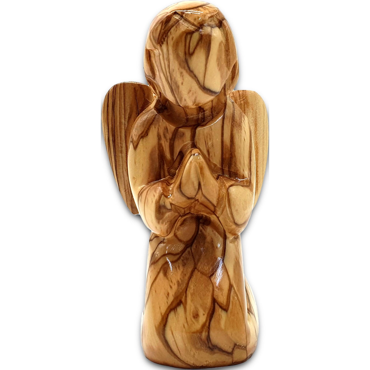 Faceless olive wood angel hand carved in Bethlehem, Holy Land, showcasing unique natural grain and spiritual open design.